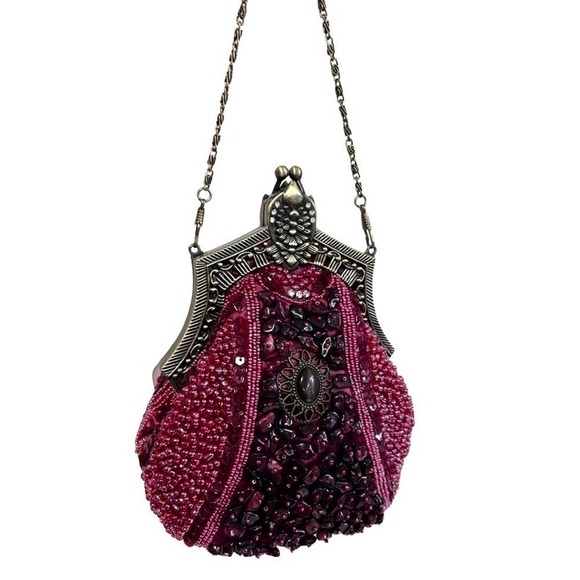 New Womens Antique Beaded Embroidery Party Pink  Vintage Evening Purse Handbag - Picture 3 of 5